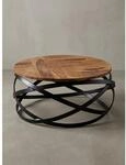 Couchtisch rund aus Massivholz und Metall in Braun, 60x30x60 cm, Industrial Design