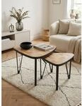 Couchtisch Set &ndash; Mango Akazie Massivholz Metall Dreieckig 2-teilig