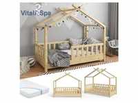 VITALISPA Kinderbett Hausbett DESIGN 70x140cm Natur Zaun Kinder Holz Haus...