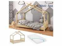 VITALISPA Kinderbett Hausbett DESIGN 80x160cm Natur Zaun Kinder Holz Haus...