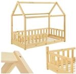 Juskys Kinderbett Marli 80 x 160 cm Rausfallschutz, Lattenrost & Dach Natur 