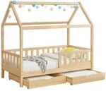 Juskys Kinderbett Marli 90 x 200 cm mit Bettkasten, Gitter, Lattenrost & Dach - Holz