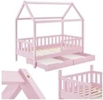 Juskys Kinderbett Marli 90 x 200 cm mit Bettkasten, Gitter, Lattenrost & Dach - Holz