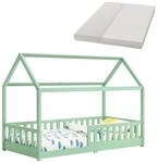 Juskys Kinderbett Marli 90 x 200 cm mit Matratze, Gitter, Lattenrost & Dach - Bett