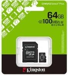Kingston 64GB microSDXC Canvas Select Plus Gen3 100MB/s A1 Card + Adapter - SD-Karte