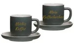 Espressotasse mit Untertasse Jasper 90 ml mit Text in Goldfarbe 2er Set - Grau
