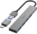 HAMA USB-Hub Slim inkl. USB-C-Adapter, 4x USB-A 3.0, USB-A 3.0 [Stecker]