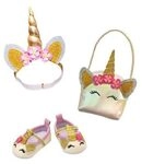 HELESS 2311 Puppen-Accessoires-Set Glitzer-Einhorn, 3-teilig: Ballerinas, Tasche und