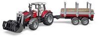 BRUDER 02046 Massey Ferguson 7480 mit Frontlader und Holztransportanh&auml;nger und 3