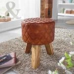 Exklusiver Mango Holz und Echtleder Sitzhocker mit Rautenmuster - Moderne Eleganz