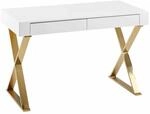 Schreibtisch 118x76x57 cm Holz Hochglanz Wei&szlig; Metallbeine Golden