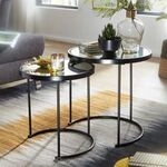 Design Beistelltisch Rund &Oslash; 50/42 cm - 2 teilig Schwarz mit Spiegel Glas