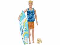 BARBIE Ken Surfer Set - Bewegliche blonde Ken-Puppe mit Surfbrett, Hündchen und