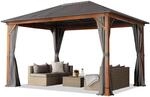 TOOLPORT Gartenpavillon 3x4 m Holzoptik, Stahldach Hardtop 4 Seitenteile in grau