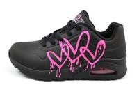 Skechers UNO Dripping in Love Damen-Sneaker, Schwarz mit rosa Aufdruck Duraleather