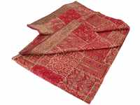 GURU SHOP Orientalische Patchwork Brokatdecke, Indische Tagesdecke - Rot,