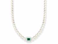 Thomas Sabo Damen Choker mit weißen Perlen und grünem Stein, aus 925er