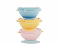 Badabulle Set mit 3 Funcolors Bowls, mit Deckel und 1 rutschfestem Saugfuß, 330ml