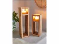 2X Windlicht-Säule Wood aus Holz & Glas, 30 + 40 cm hoch, Kerzenhalter aus