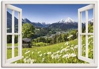 ARTLAND Wanddeko Leinwand Bilder Wandbild 100x70 cm Fensterblick Fenster Alpen