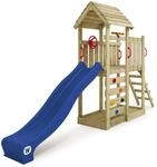 WICKEY Spielturm Kletterger&uuml;st JoyFlyer mit Holzdach & Blauer Rutsche, Outdoor
