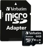 Verbatim Premium microSDHC Speicherkarte - 64 GB - inkl. Adapter, Class 10, bis zu 90