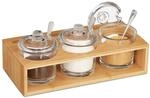 Relaxdays Gew&uuml;rzgl&auml;ser 3er Set, mit Bambus Halter, Glas Zuckerdose mit L&ouml;ffel &