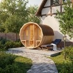 FinnTherm Fass-Sauna Sam, Aussensauna Fichte unbehandelt, Natur, ohne Ofen 2,80 x