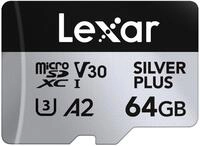 Lexar Silver Plus Micro SD Karte 64GB, Bis zu 205 MB/s Lesegeschwindigkeit, 100MB/s