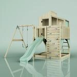 Rebo Spielturm mit Spielhaus inkl. Wellenrutsche, Outdoor Kletterger&uuml;st Garten,