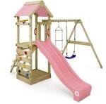 WICKEY Spielturm Kletterger&uuml;st FreeFlyer mit Schaukel & pastellpinker Rutsche,