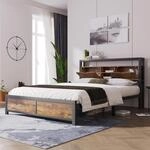 Merax Metallbett Bettgestell mit Holz Stauraum-Kopfteil und Metall Lattenrost,