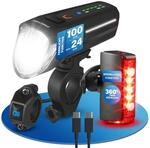 FISCHER Fahrrad LED-Akku Beleuchtungs-Set Twin Stop 100 +80 Lux Fernlicht, mit