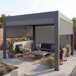 Pergola HWC-L46 mit Seitenwand, Lamellen-Pavillon Rollo, 10cm-Alu-Gestell, sturmfest