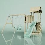 Rebo Spielturm mit Wellenrutsche und 2X Kinder-Schaukel, Outdoor Kletterger&uuml;st