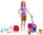 BARBIE Tierrettungsspielset - Barbie-Puppe mit Tiger und &Auml;ffchen, Transportbox mit