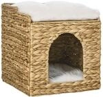PawHut Rattan Katzenhaus, Katzenh&ouml;hle mit Kissen, Katzenbett mit 2 Ebenen,