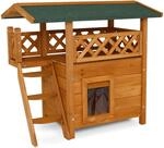 lionto Katzenhaus mit Terrasse und Treppe, Outdoor Lodge für Katzen aus robustem lionto Katzenhaus mit Terrasse und Treppe, Outdoor Lodge für Katzen aus robustem
