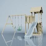 Rebo Spielturm mit Wellenrutsche und 2X Kinder-Schaukel, Outdoor Kletterger&uuml;st