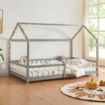 [en.casa] Kinderbett Hesel Hausbett Grau 120 x 200 cm mit Rausfallschutz und
