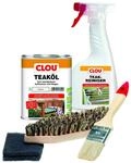 Clou Teakholz Pflegeset: 750 ml Teak&ouml;l, 500 ml Holzreiniger, B&uuml;rste, Pinsel &