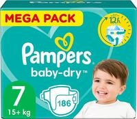 Pampers Baby-Dry &Uuml;bernachtungswindel, Gr&ouml;&szlig;e 7 (15+ kg), 186 St&uuml;ck, Mega Pack 1