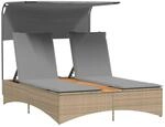 vidaXL Doppel-Sonnenliege mit Dach und Auflagen Beige Poly Rattan