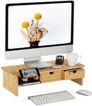 Relaxdays Monitorst&auml;nder Bambus, 2 Schubladen, Handyhalter, HxBxT: 14x54x23 cm,