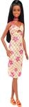Barbie Fashionistas-Puppe Nr. 233 mit schwarzem Haar, orangefarbenem Midi-Karokleid