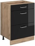 Vicco K&uuml;chenunterschrank R-Line, Schwarz Hochglanz, 60 cm mit Schubladen, ohne