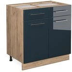 Vicco K&uuml;chenunterschrank Fame-Line, Dunkelblau Hochglanz, 80 cm ohne...