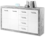STONE Kommode mit Schubladen in Beton Optik, Wei&szlig; Hochglanz - Moderne Kommode mit
