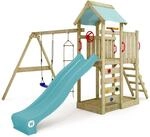 WICKEY Spielturm Kletterger&uuml;st MultiFlyer mit Schaukel & pastellblauer Rutsche,