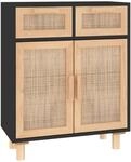 vidaXL Sideboard Schwarz 60x30x75cm Massivholz Kiefer und Natur-Rattan